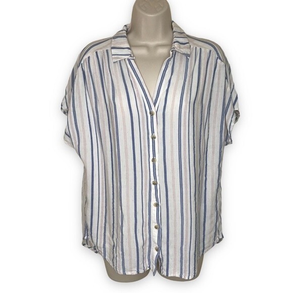 Lush Blue Stripe Linen Blend Cap Sleeve Button Front Blouse Women Size Medium - Picture 1 of 12